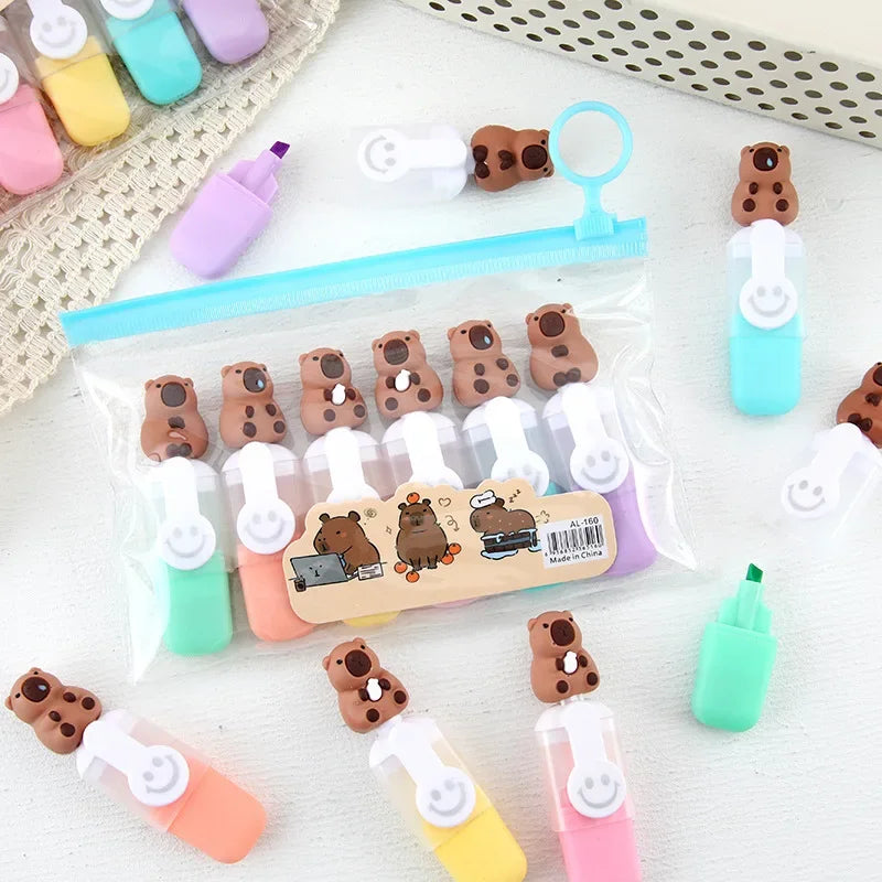 6-Piece Capybara Smile Highlighter Pen Set