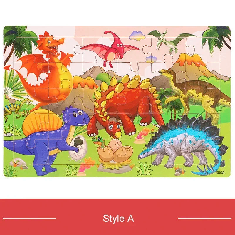 30-Piece Colorful Dinosaur and Animal Wooden Jigsaw Puzzles for Preschool Learning