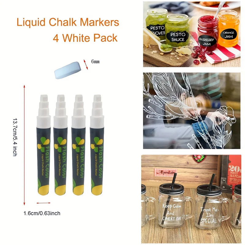 ChalkFlow White Liquid Markers – 4 Pack Dry/Wet Erase Pens