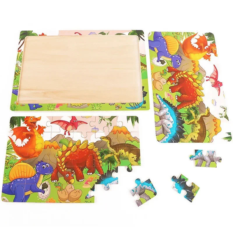 30-Piece Colorful Dinosaur and Animal Wooden Jigsaw Puzzles for Preschool Learning