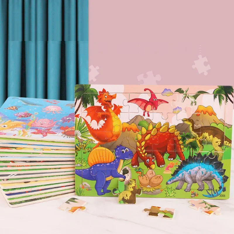 30-Piece Colorful Dinosaur and Animal Wooden Jigsaw Puzzles for Preschool Learning